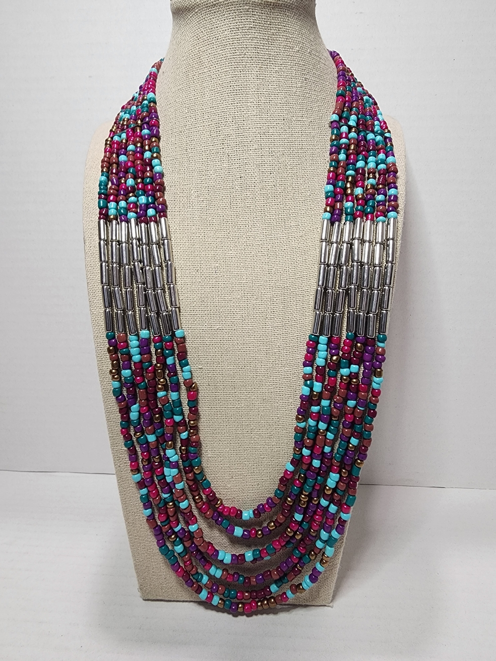 Multi-Strand Turquoise and Fuchsia Beaded Statement Necklace